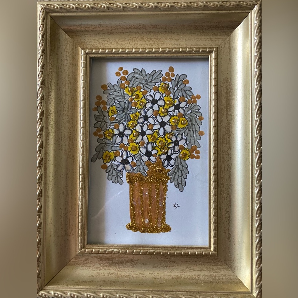 Floral Mixed Media Art. Gold Frame. ORIGINAL 6.5x8.5 inch - Picture 5 of 5